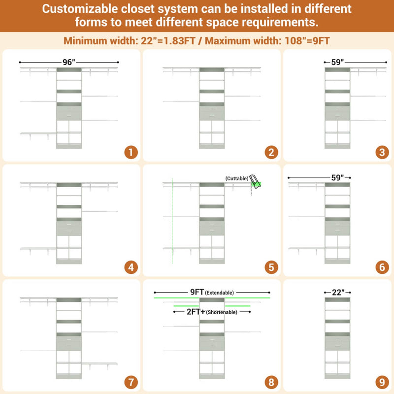 8FT Closet Organizer System with Wooden Drawers and Shelf Towers