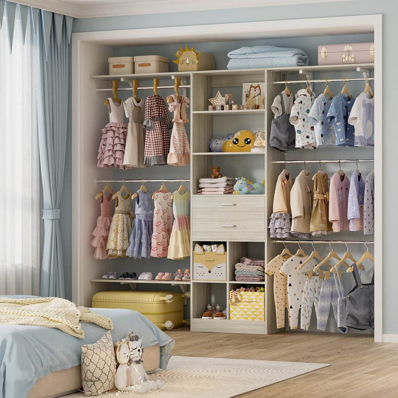 8FT Closet Organizer System with Wooden Drawers and Shelf Towers