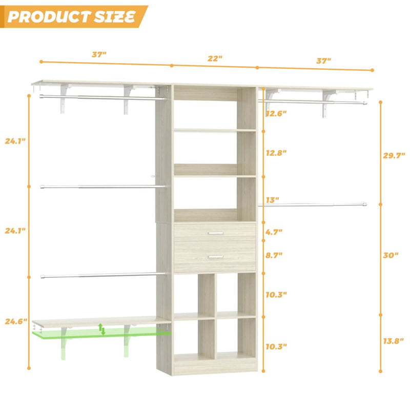 8FT Closet Organizer System with Wooden Drawers and Shelf Towers