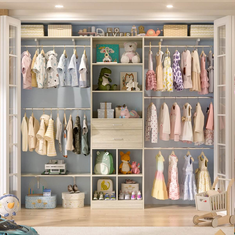 8FT Closet Organizer System with Wooden Drawers and Shelf Towers