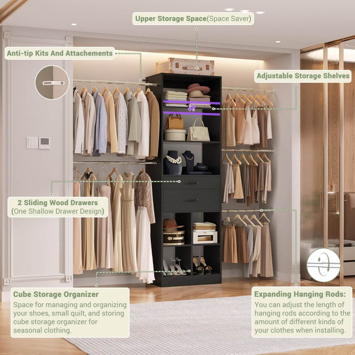 4-8 FT Closet Organizer Tower with 2 Wooden Drawers and Shelves