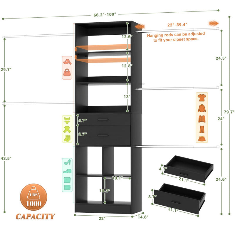 4-8 FT Closet Organizer Tower with 2 Wooden Drawers and Shelves