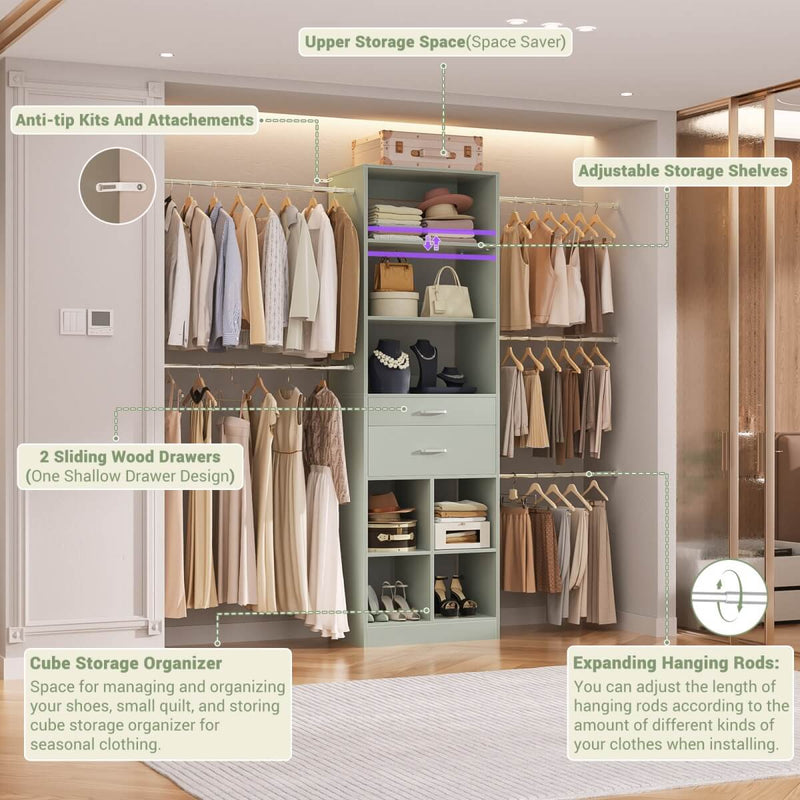 4-8 FT Closet Organizer Tower with 2 Wooden Drawers and Shelves