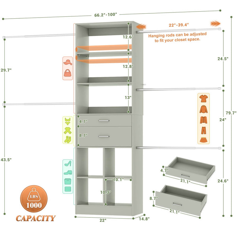 4-8 FT Closet Organizer Tower with 2 Wooden Drawers and Shelves