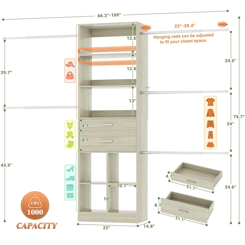 4-8 FT Closet Organizer Tower with 2 Wooden Drawers and Shelves