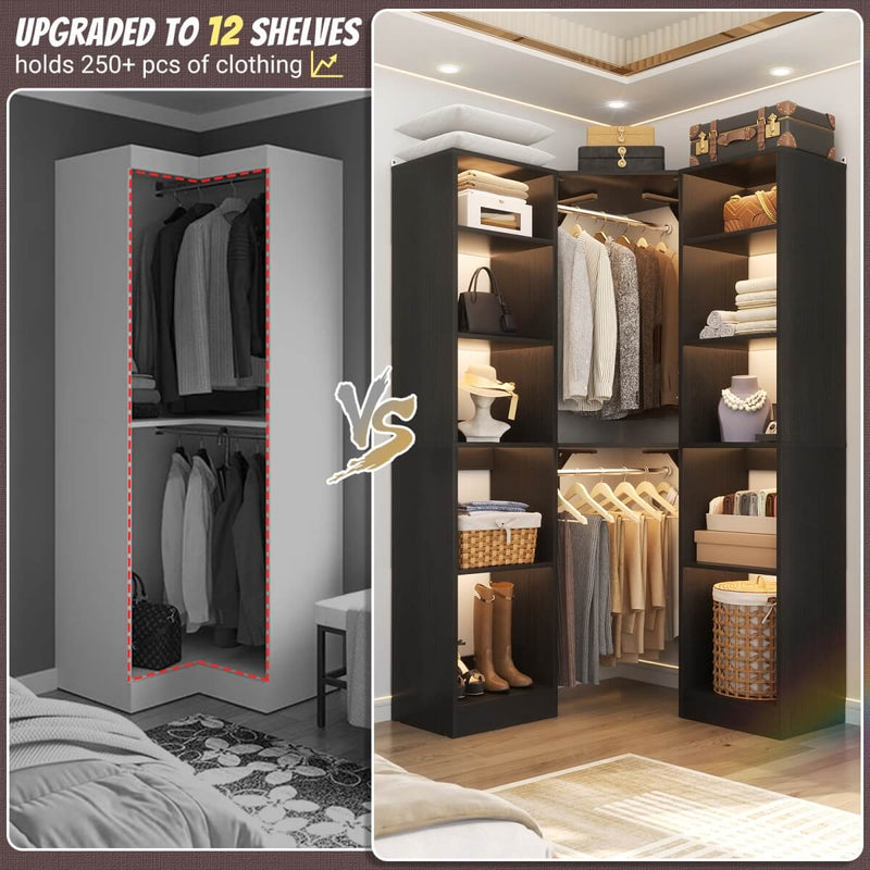 40'' Corner Closet System with 2 Hanging Rods & 12 Storage Shelves, 6-Tier Walk in Closet Organizer