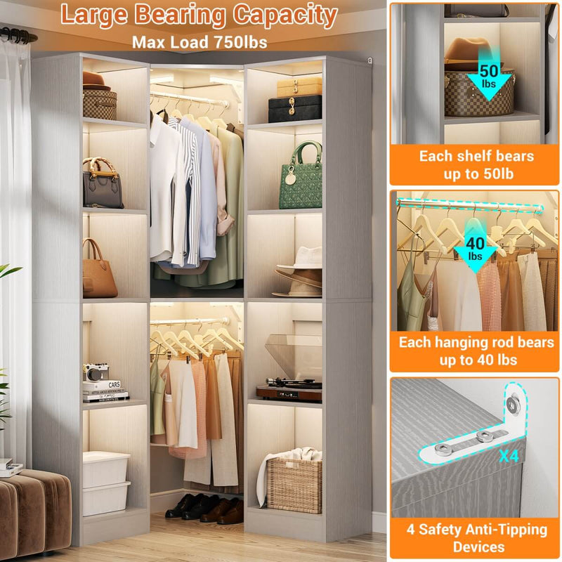 40'' Corner Closet System with 2 Hanging Rods & 12 Storage Shelves, 6-Tier Walk in Closet Organizer