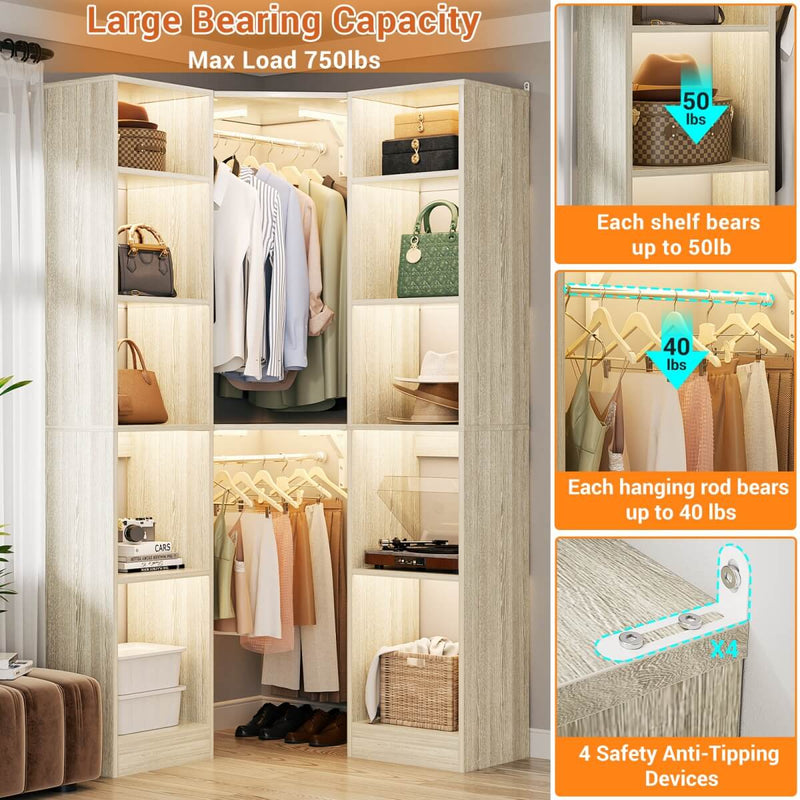 40'' Corner Closet System with 2 Hanging Rods & 12 Storage Shelves, 6-Tier Walk in Closet Organizer