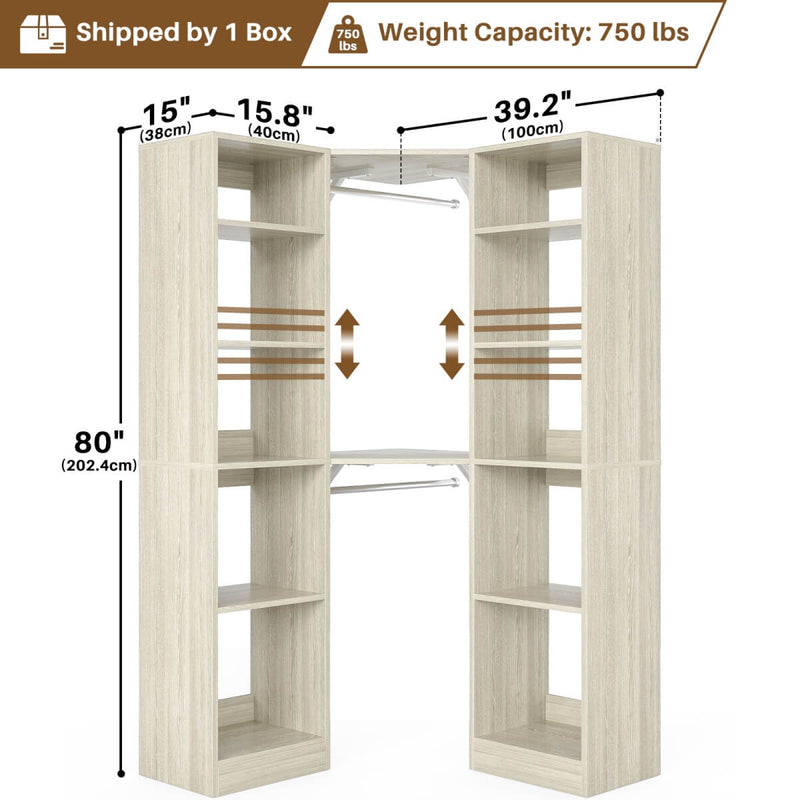 40'' Corner Closet System with 2 Hanging Rods & 12 Storage Shelves, 6-Tier Walk in Closet Organizer