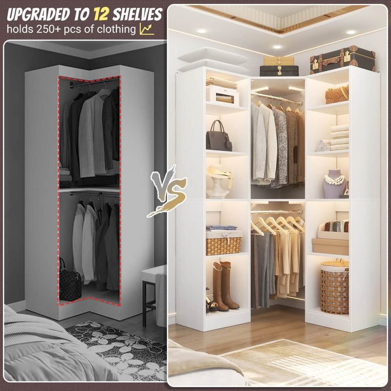 40'' Corner Closet System with 2 Hanging Rods & 12 Storage Shelves, 6-Tier Walk in Closet Organizer