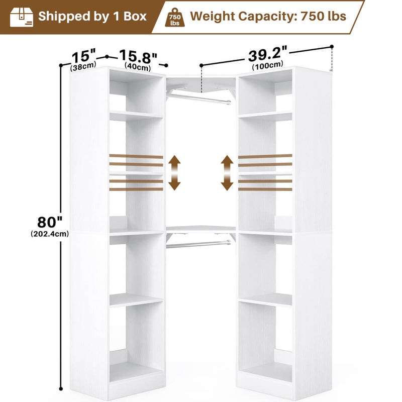 40'' Corner Closet System with 2 Hanging Rods & 12 Storage Shelves, 6-Tier Walk in Closet Organizer