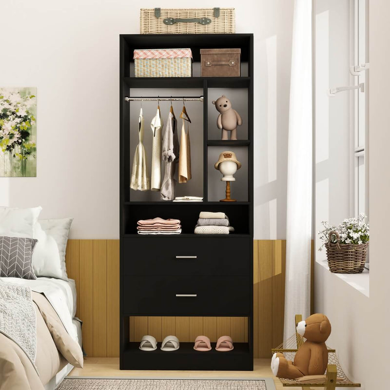 24'' Freestanding Closet System with 2 Wooden Drawers, 6 Shelves, & Hanging Rod