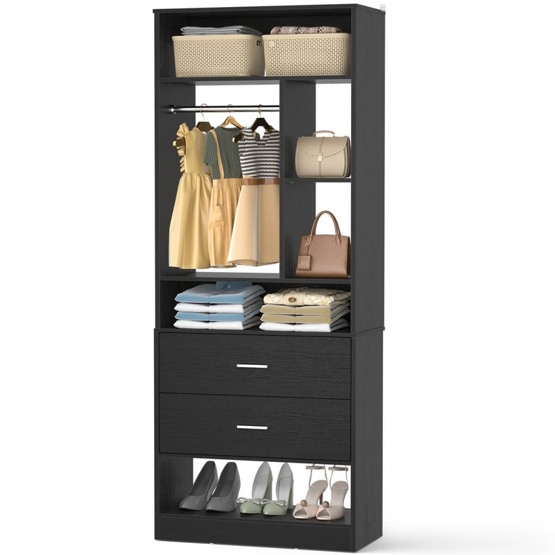 24'' Freestanding Closet System with 2 Wooden Drawers, 6 Shelves, & Hanging Rod
