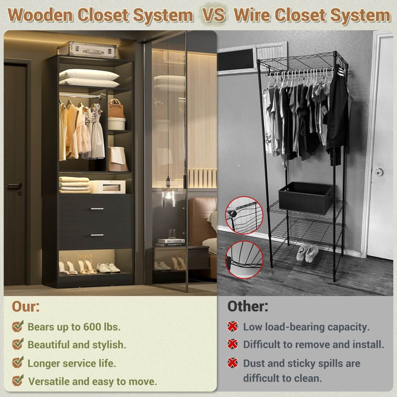 24'' Freestanding Closet System with 2 Wooden Drawers, 6 Shelves, & Hanging Rod