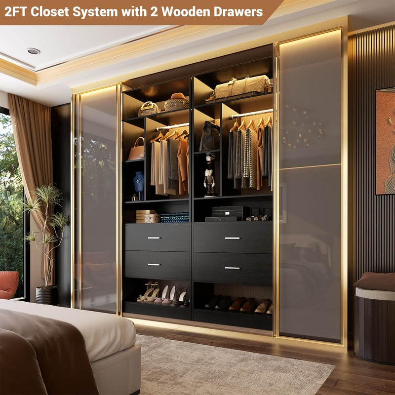 24'' Freestanding Closet System with 2 Wooden Drawers, 6 Shelves, & Hanging Rod