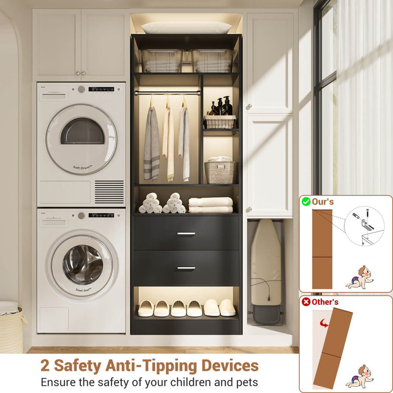 24'' Freestanding Closet System with 2 Wooden Drawers, 6 Shelves, & Hanging Rod