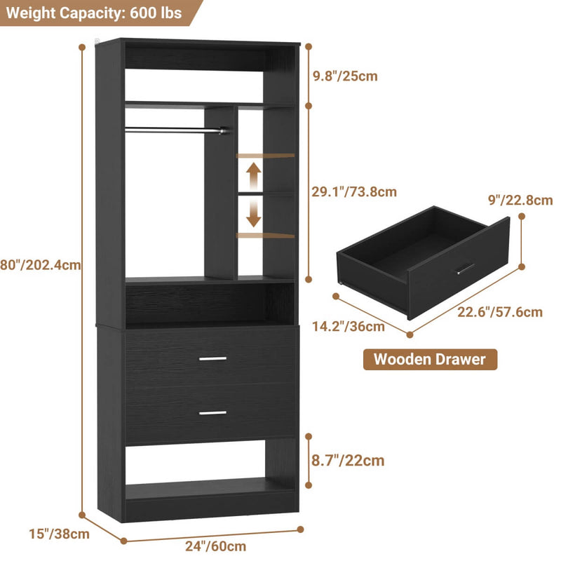24'' Freestanding Closet System with 2 Wooden Drawers, 6 Shelves, & Hanging Rod