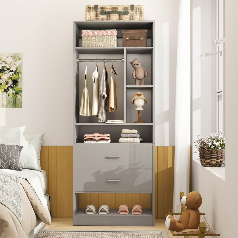 24'' Freestanding Closet System with 2 Wooden Drawers, 6 Shelves, & Hanging Rod