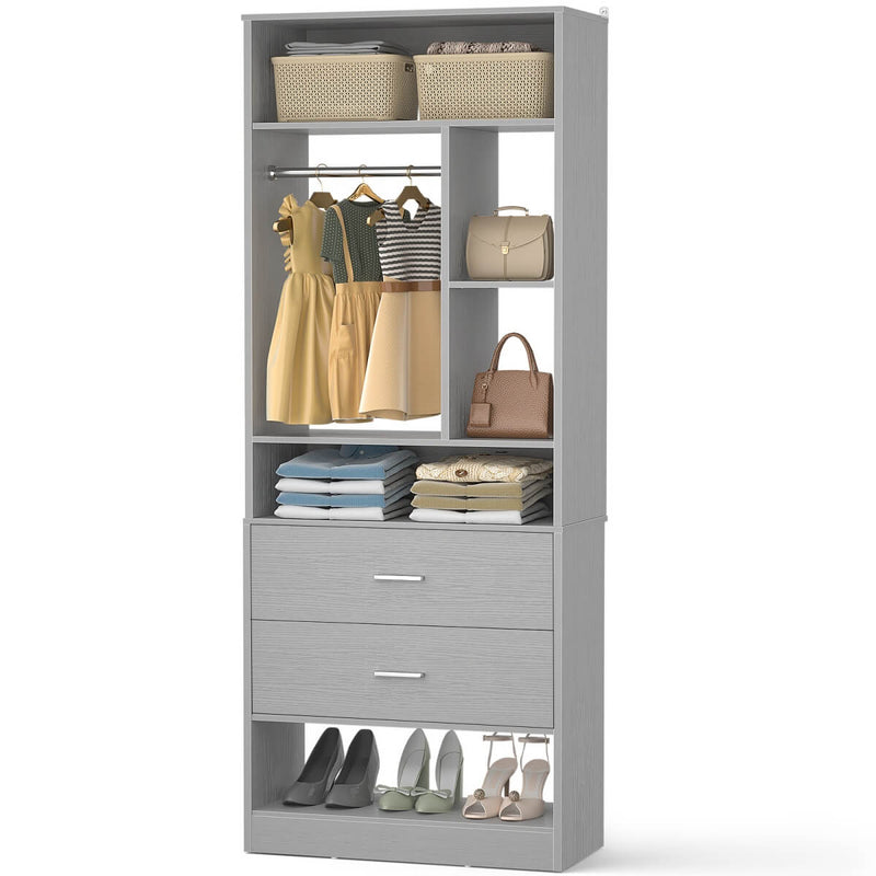 24'' Freestanding Closet System with 2 Wooden Drawers, 6 Shelves, & Hanging Rod