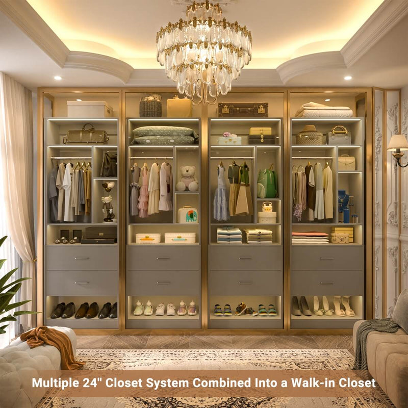 24'' Freestanding Closet System with 2 Wooden Drawers, 6 Shelves, & Hanging Rod