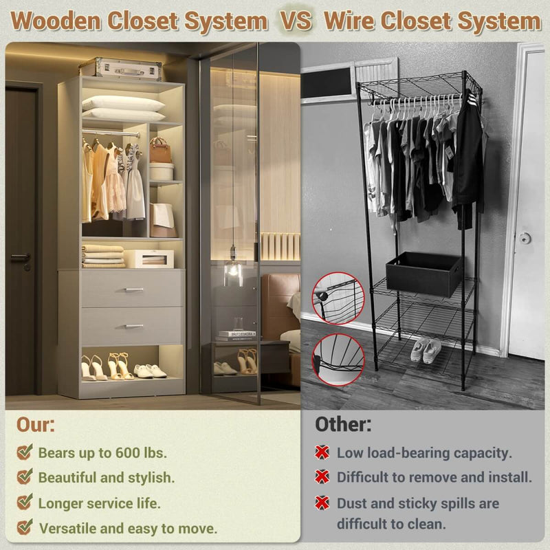 24'' Freestanding Closet System with 2 Wooden Drawers, 6 Shelves, & Hanging Rod