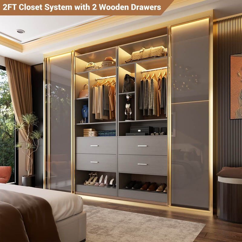 24'' Freestanding Closet System with 2 Wooden Drawers, 6 Shelves, & Hanging Rod