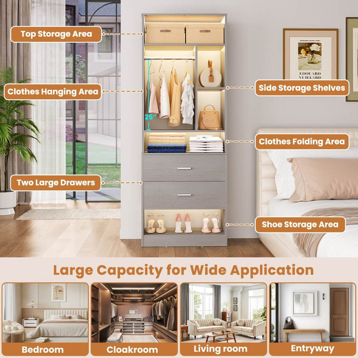 24'' Freestanding Closet System with 2 Wooden Drawers, 6 Shelves, & Hanging Rod