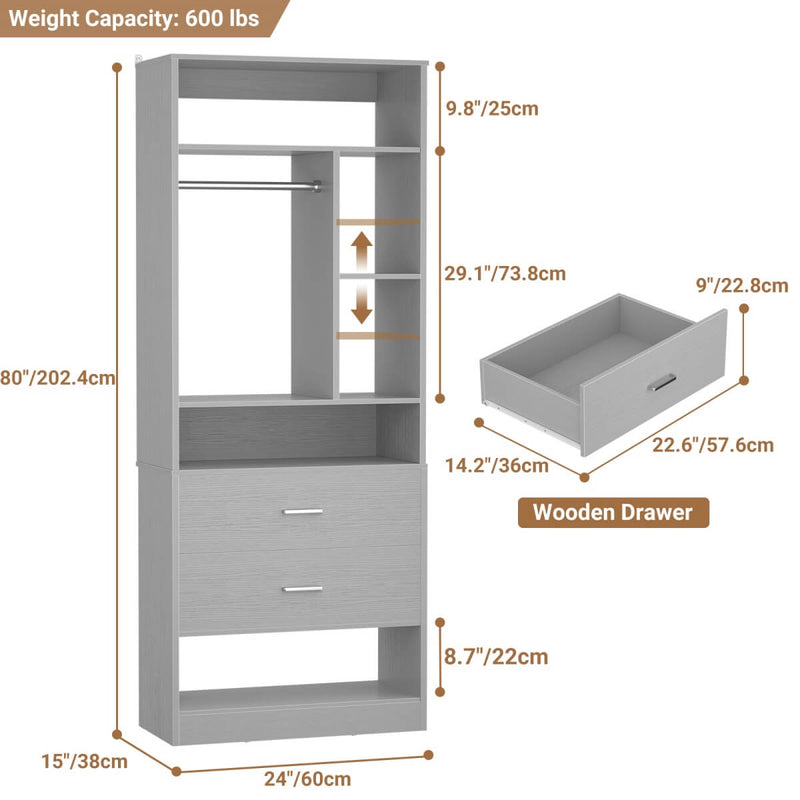 24'' Freestanding Closet System with 2 Wooden Drawers, 6 Shelves, & Hanging Rod