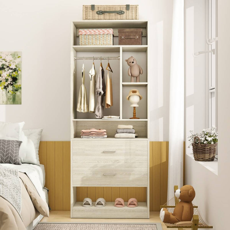 24'' Freestanding Closet System with 2 Wooden Drawers, 6 Shelves, & Hanging Rod