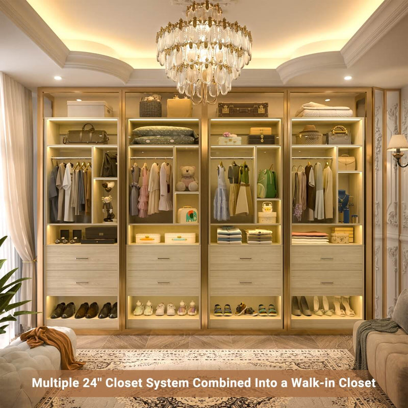 24'' Freestanding Closet System with 2 Wooden Drawers, 6 Shelves, & Hanging Rod