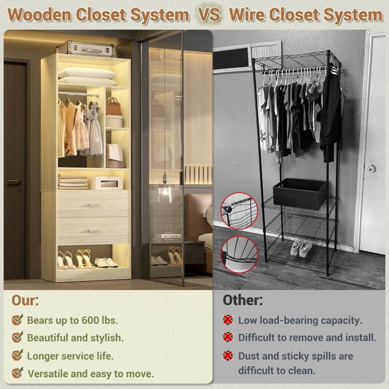 24'' Freestanding Closet System with 2 Wooden Drawers, 6 Shelves, & Hanging Rod