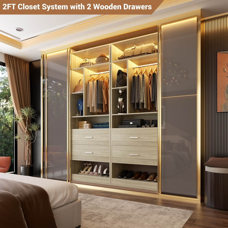 24'' Freestanding Closet System with 2 Wooden Drawers, 6 Shelves, & Hanging Rod