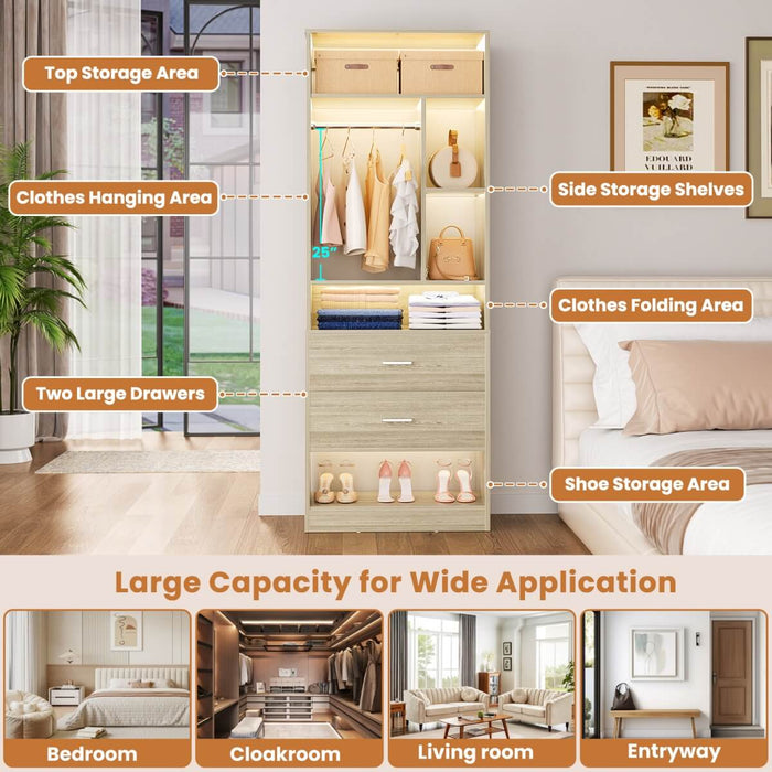 24'' Freestanding Closet System with 2 Wooden Drawers, 6 Shelves, & Hanging Rod