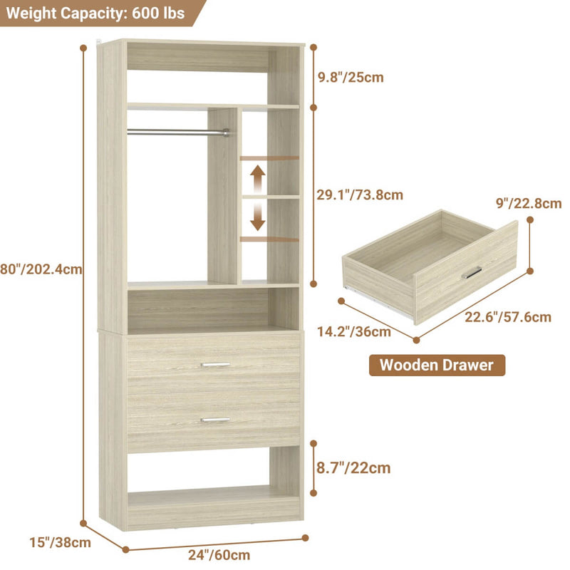24'' Freestanding Closet System with 2 Wooden Drawers, 6 Shelves, & Hanging Rod