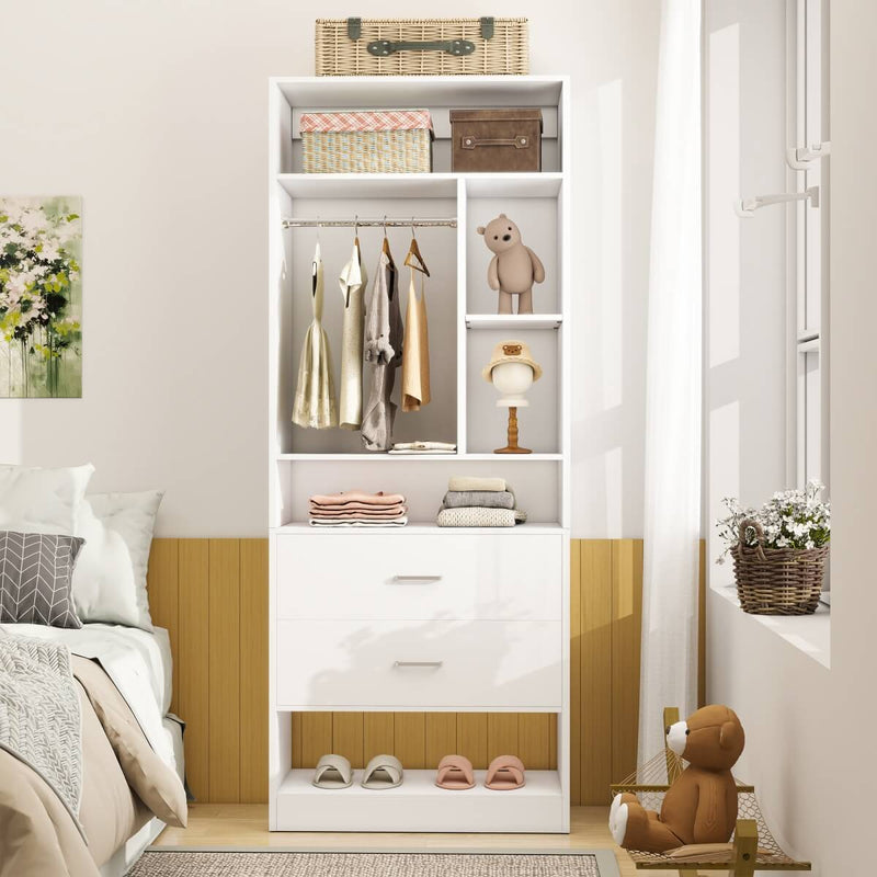 24'' Freestanding Closet System with 2 Wooden Drawers, 6 Shelves, & Hanging Rod