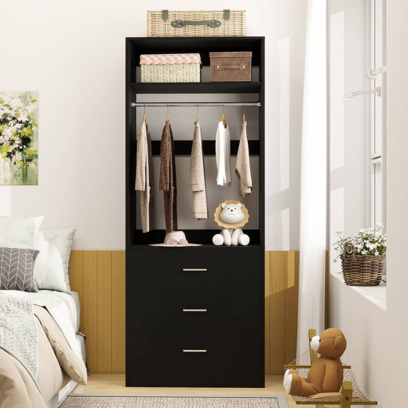 2FT Freestanding Walk in Closet System with 3 Wooden Drawers, Hanging Rod & Shelves