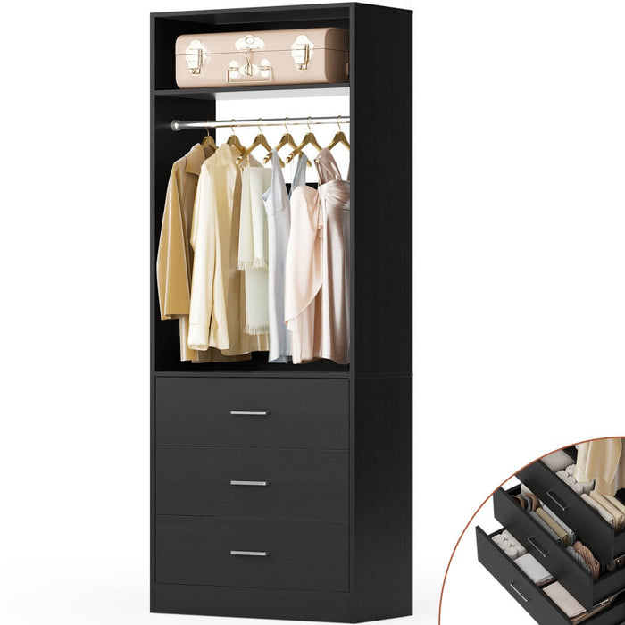 2FT Freestanding Walk in Closet System with 3 Wooden Drawers, Hanging Rod & Shelves