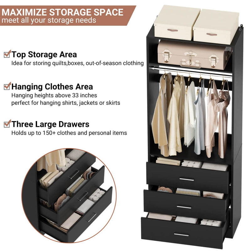 2FT Freestanding Walk in Closet System with 3 Wooden Drawers, Hanging Rod & Shelves
