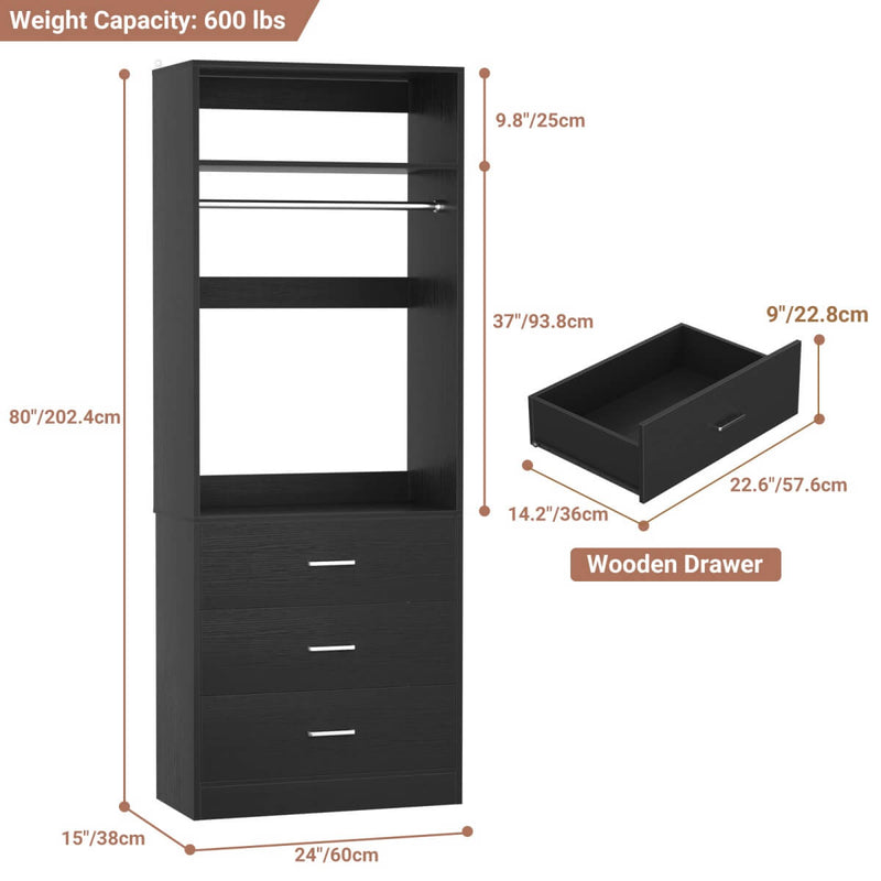 2FT Freestanding Walk in Closet System with 3 Wooden Drawers, Hanging Rod & Shelves