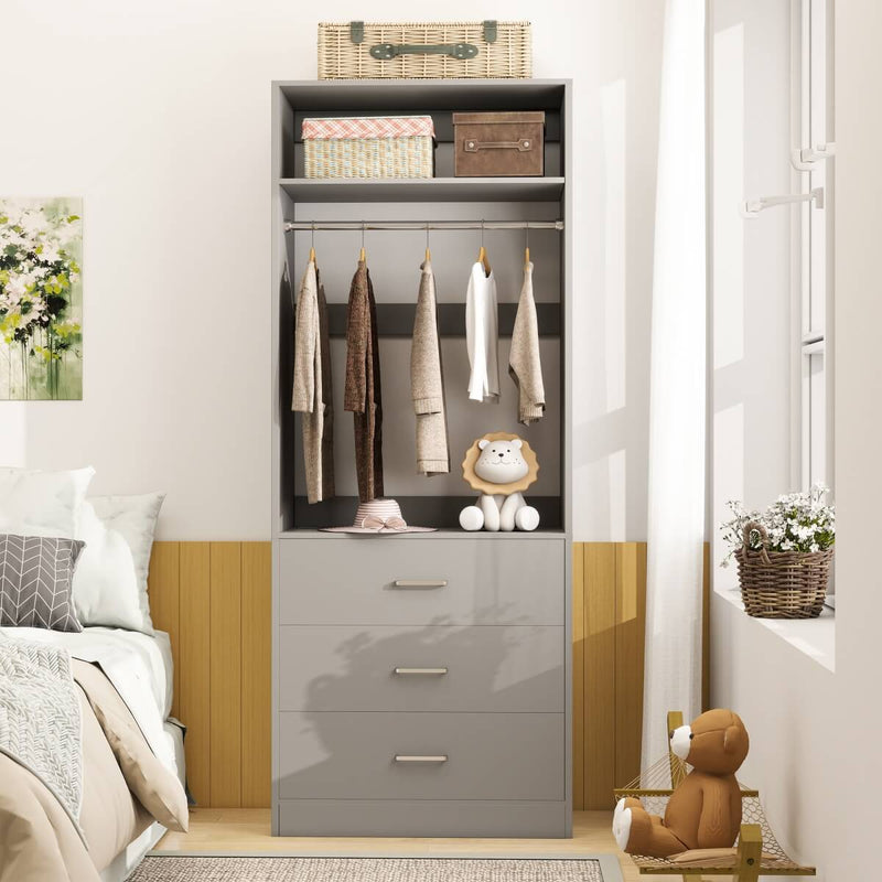 2FT Freestanding Walk in Closet System with 3 Wooden Drawers, Hanging Rod & Shelves