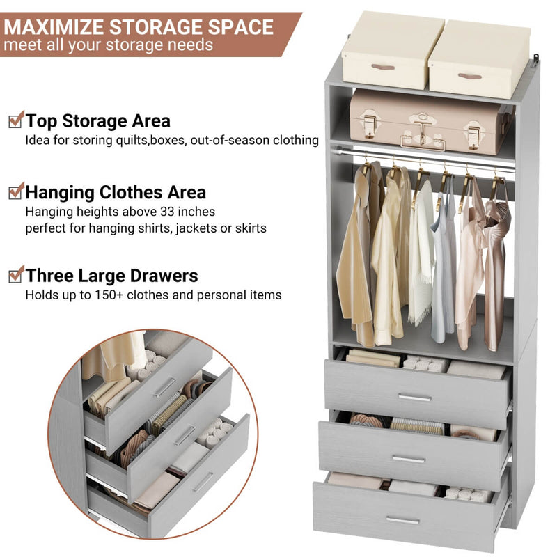 2FT Freestanding Walk in Closet System with 3 Wooden Drawers, Hanging Rod & Shelves