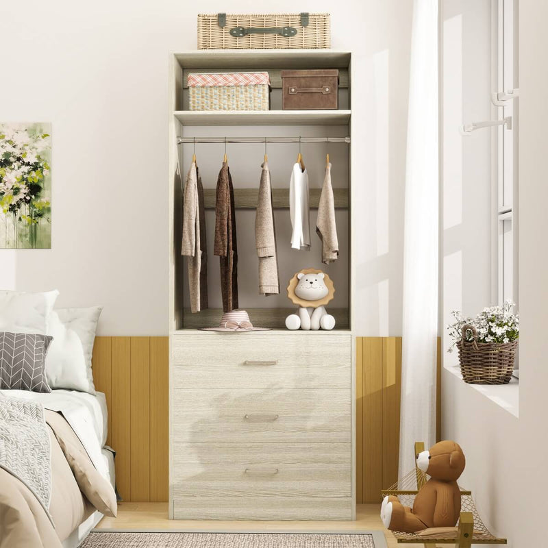 2FT Freestanding Walk in Closet System with 3 Wooden Drawers, Hanging Rod & Shelves
