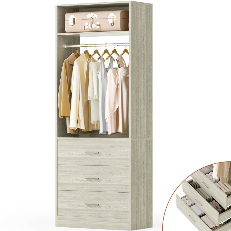 2FT Freestanding Walk in Closet System with 3 Wooden Drawers, Hanging Rod & Shelves