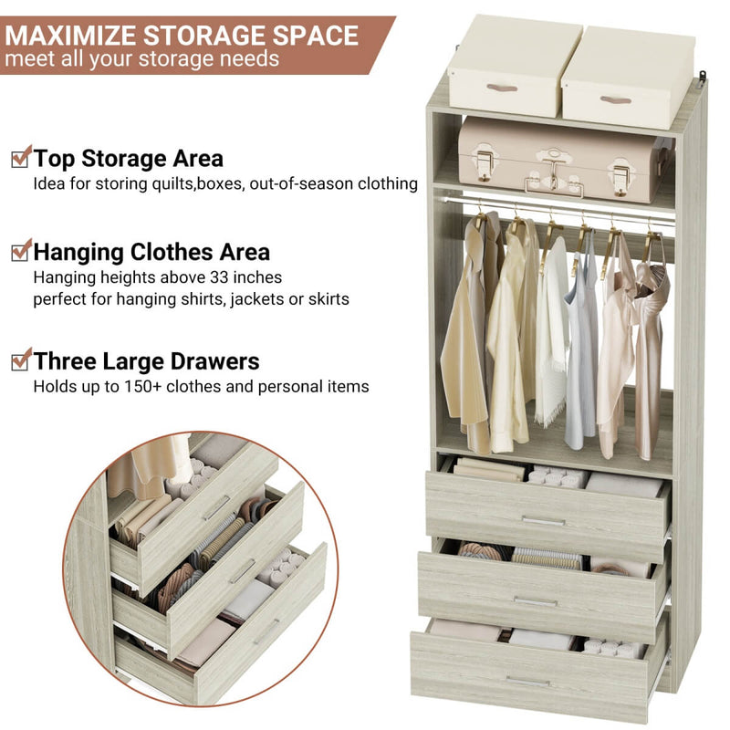 2FT Freestanding Walk in Closet System with 3 Wooden Drawers, Hanging Rod & Shelves