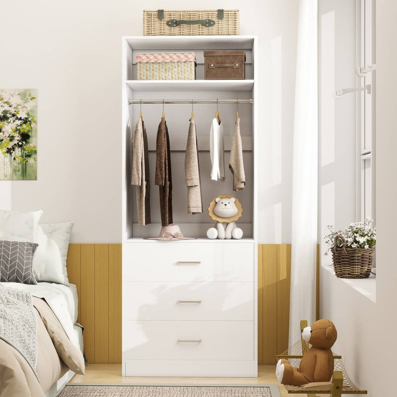 2FT Freestanding Walk in Closet System with 3 Wooden Drawers, Hanging Rod & Shelves