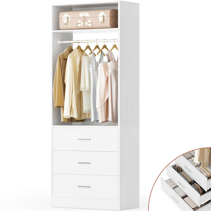 2FT Freestanding Walk in Closet System with 3 Wooden Drawers, Hanging Rod & Shelves