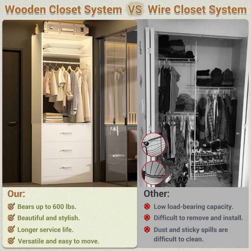 2FT Freestanding Walk in Closet System with 3 Wooden Drawers, Hanging Rod & Shelves