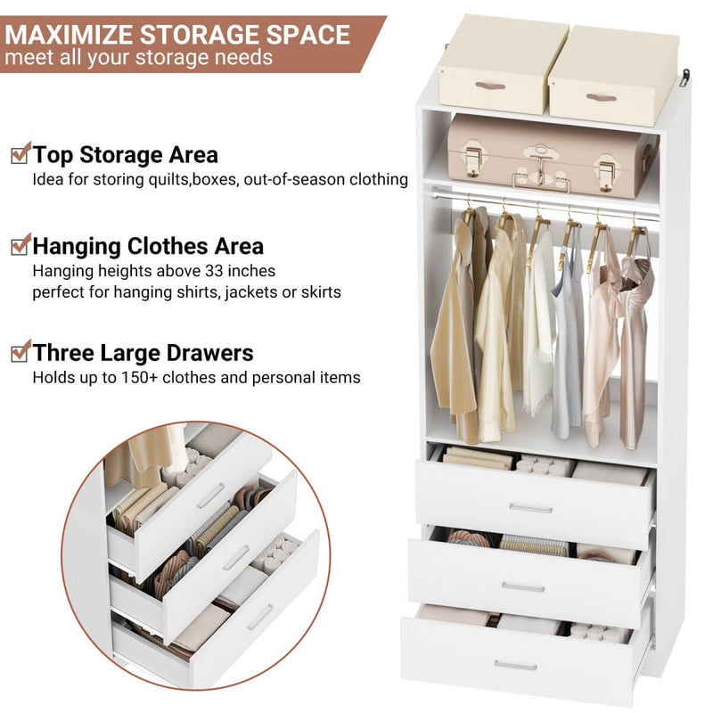 2FT Freestanding Walk in Closet System with 3 Wooden Drawers, Hanging Rod & Shelves