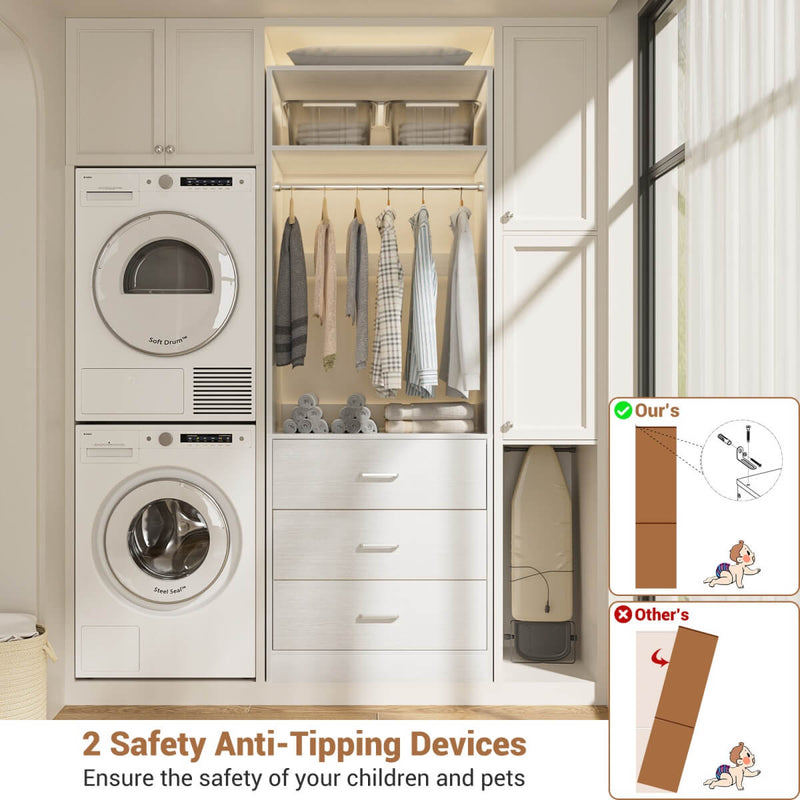 2FT Freestanding Walk in Closet System with 3 Wooden Drawers, Hanging Rod & Shelves