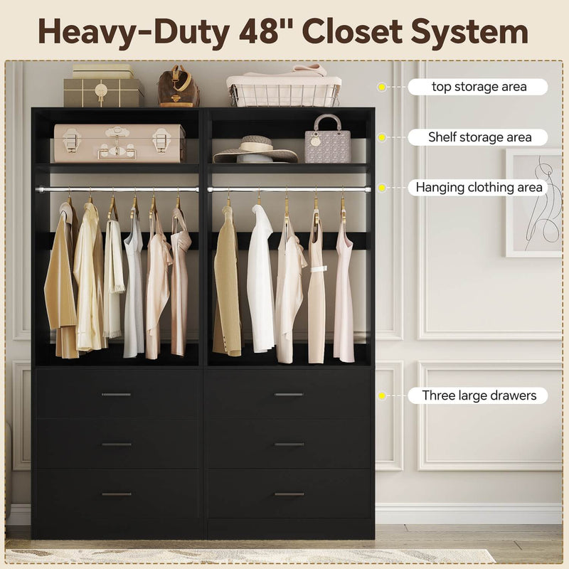 4FT Walk in Closet Organizer System with 4 Drawers and 2 Hanging Rods